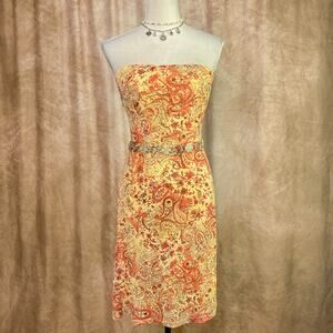 Vintage 90s Paisley Strapless Midi Dress Yellow Tropical Summer Boho Indie Beach